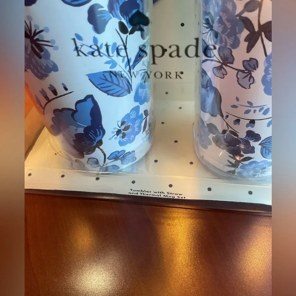Kate Spade Peacock Floral Tumbler‎ w/Straw & Thermal Mug